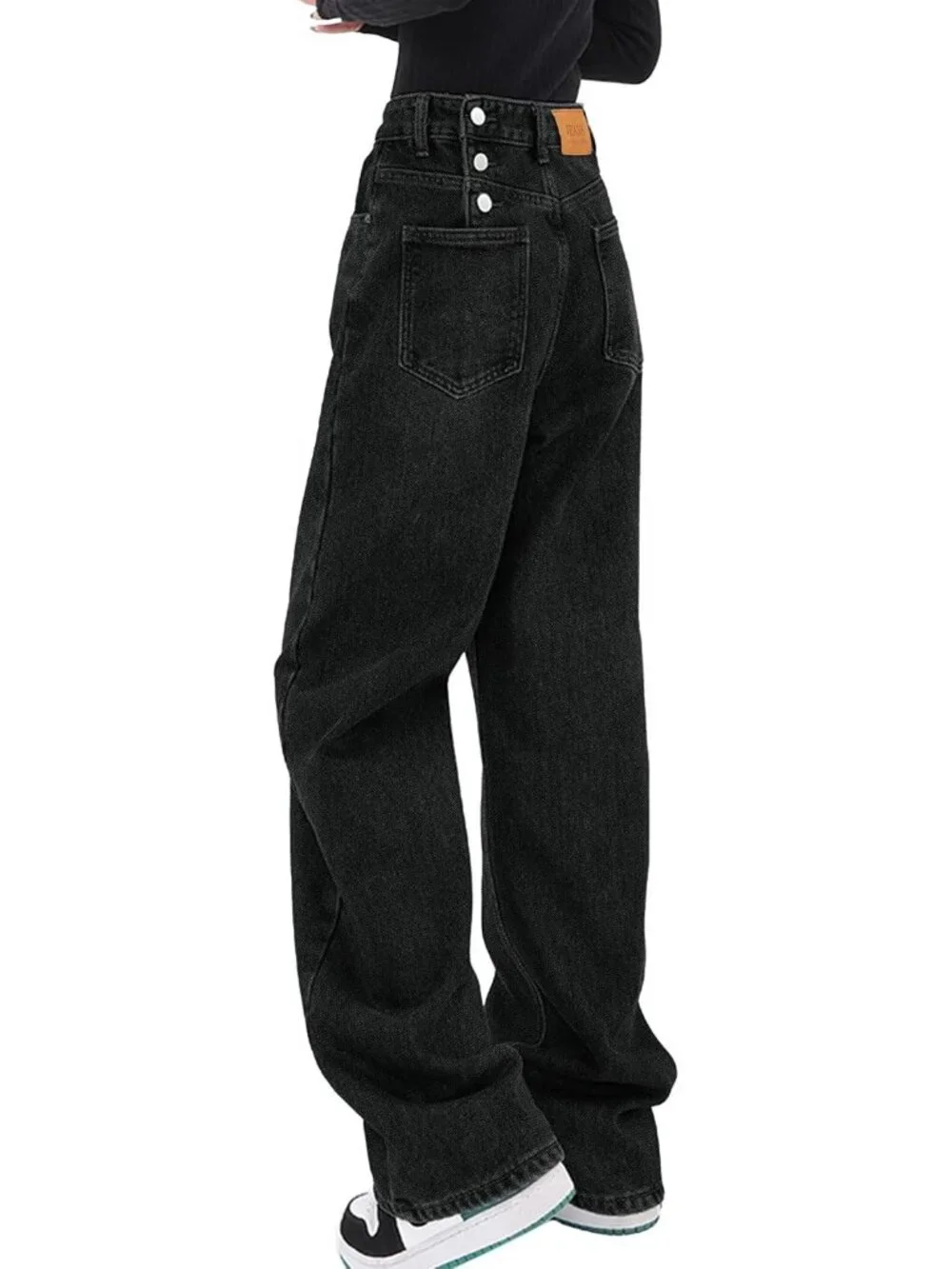 Women's Black Denim Y2k Straight Leg Button Zip High Waisted Baggy Jeans